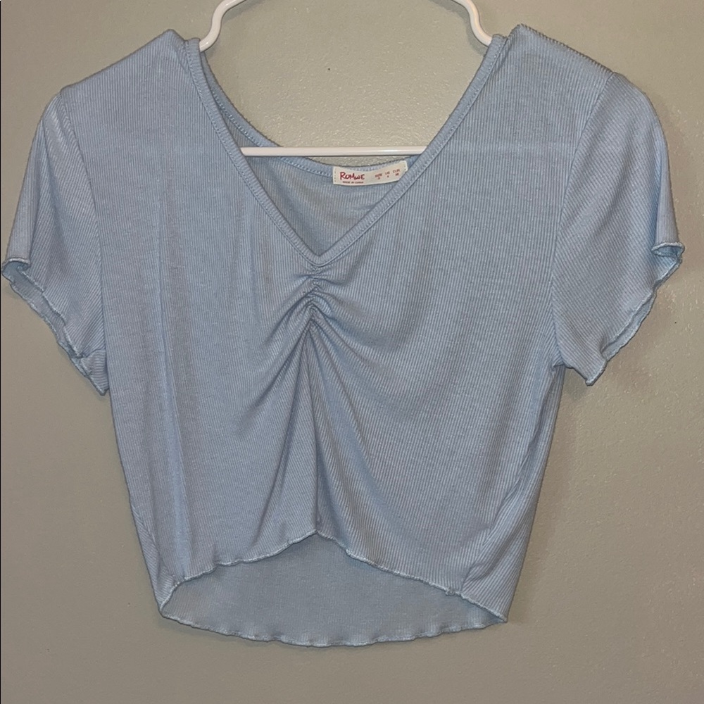 ROMWE Blue Ruched Crop Blouse Short Sleeve